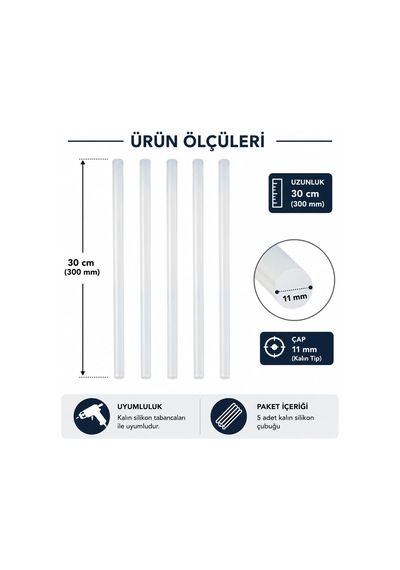 30 Cm 11 Mm Kalın Silikon Çubuğu 5'li Paket Şeffaf Sıcak Silikon Yapıştırıcı Çubuk Silikon Tabancası Uyumlu Güçlü Yapışma Hobi El Sanatları Ahşap Plastik Karton Kumaş İçin