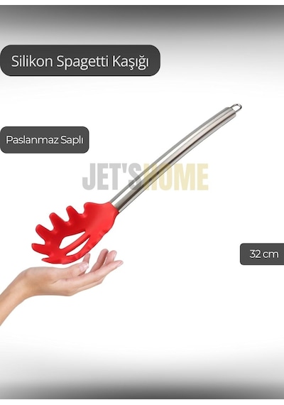 Silikon Spagetti Kaşığı Paslanmaz Saplı Kırmızı 32 Cm Kırmızı