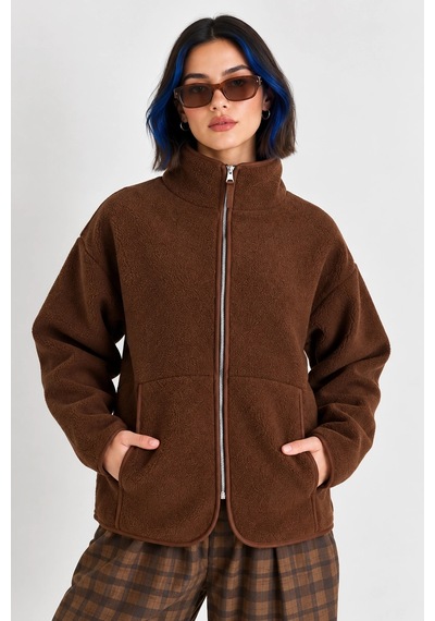 Mevese Oversize Dik Yaka Biyeli Fermuarlı Cepli Teddy Peluş Ceket- - Acı Kahve Kahverengi
