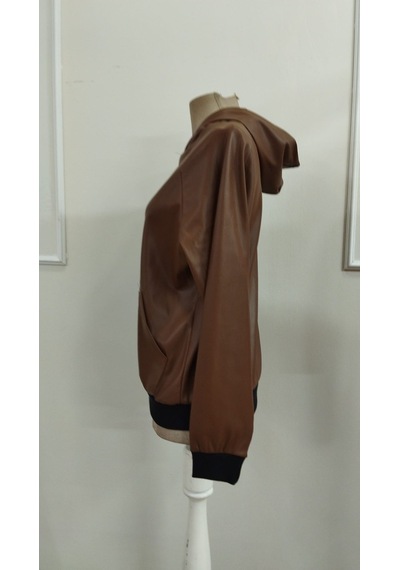 Bhrwear Kadın Uzun Kollu Kapşonlu Cepli Şardonlu Deri Bluz Renkli