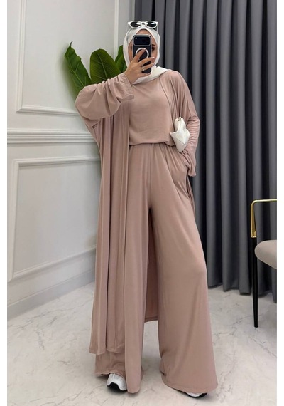 Balenbi Kadın Penye Uzun Hırka Bluz Geniş Paça Pantolon Abaya Takım 1217 Bej