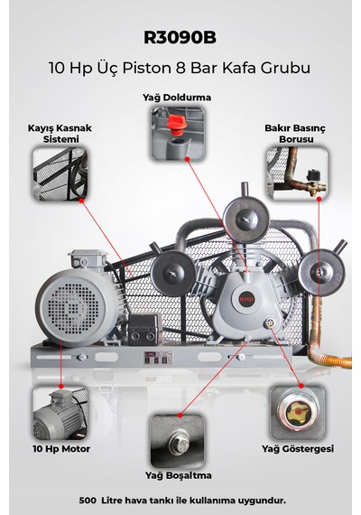 R.m.d Kompresör 10 Hp Üç Piston 8 Bar Kafa Grubu R3090b