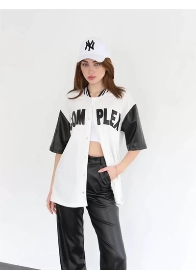 Soonaksesuar Complex Kolları Deri Kolej Oversize T-shirt - Beyaz Beyaz
