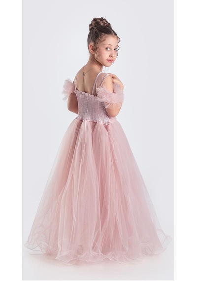 Mnk Baby & Kids Uzun Etek Kız Çocuk Robası Şifon Abiye M00723 Pudra