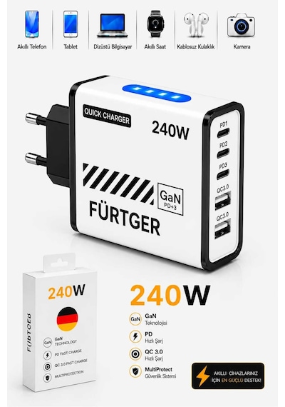 Fürtger German Frt-20w B 3 Type-c + 2 Usb-a Toplam 5 Çıkışlı + 20w Şarj Aleti