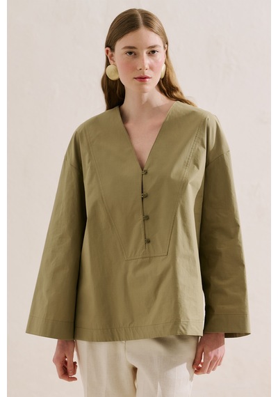 Manuka Poplin Geniş Kol V Yaka Gömlek Haki Ss26gml00023-025-9139