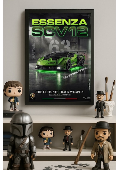 Lamborghini Essenza Siyah Ahşap Çerçeveli Poster, Dekoratif Araba Duvar Tablosu