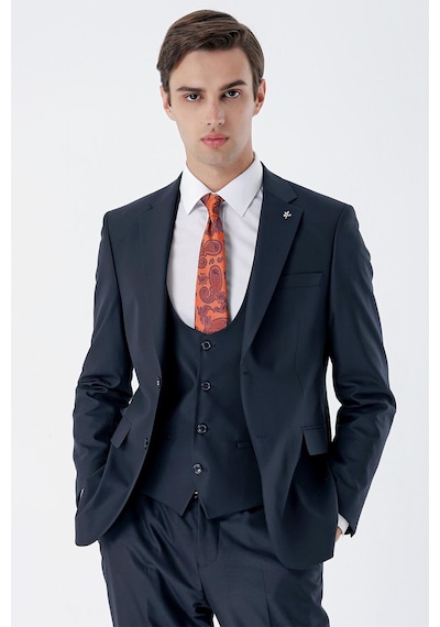 İmza Lacivert Mono Yaka Çift Yırtmaç Yelekli 6 Drop Slim Fit Dar Kesim Basic Takım Elbise 1001245186 Lacivert