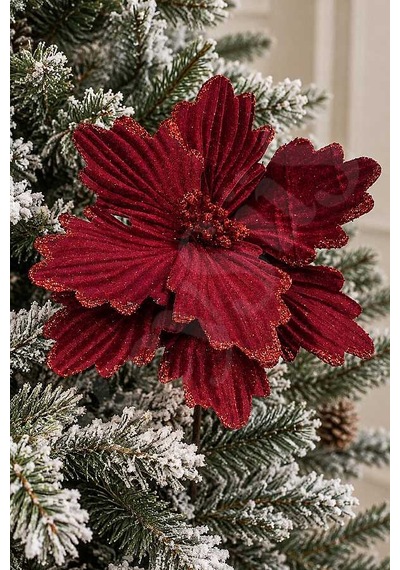 Yılbaşı Bordo Kadife Simli Ata Çiçek 18 Cm Kırmızı - Yeşil