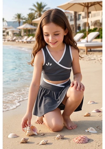 Zuzunga Kız Çocuk Sportif Gri Renk Crop - Şort Etek Alt Üst - Takım