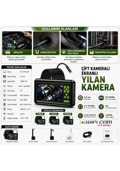 2 Metre Çift Lens Ekranlı Yılan Kamera 5.5mm Lens Sert Kablo