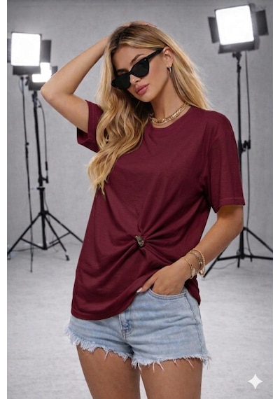 Ribana Kadın Bisiklet Yaka Kısa Kollu Gold Yan Toka Detaylı T-shirt 5035 Bordo