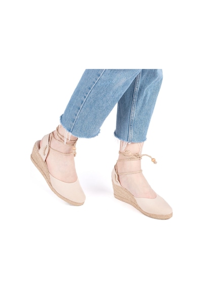 Star Tombis Gerçek Elişi Topuğu Açık Bilekten Bağlamalı Dolgu Topuk Keten Hasır Espadril Handmade Açık Bej