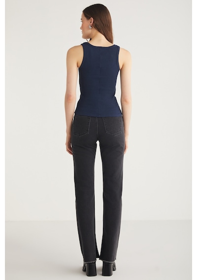 Ethıquet Lıllesol Kadın Fitilli Görünümlü Slim Fit Vücuda Oturan Havuz Yakalı Pamuklu Basic Lacivert