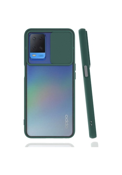 Noktaks - Oppo A54 4g Uyumlu - Kılıf Slayt Sürgülü Arkası Buzlu Lensi Kapak - Koyu Yeşil