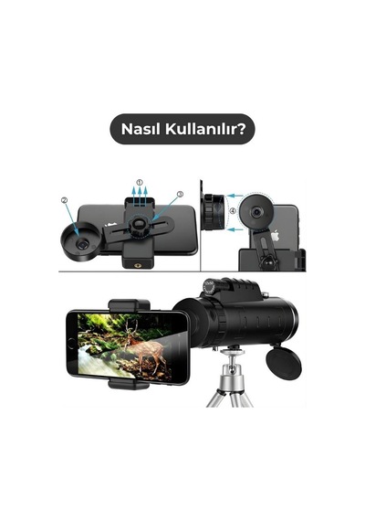 Temel Monoküler Teleskop, Telefon Tutuculu Tripodlu Su Geçirmez Tek Göz Dürbün