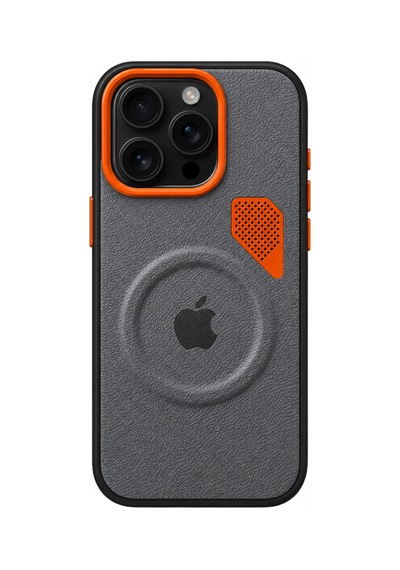 Apple iPhone 16 Pro Max Uyumlu Metal Tuşlu Magsafe Soğutma Izgaralı Vegan Deri Kılıf Ram Serisi Gri
