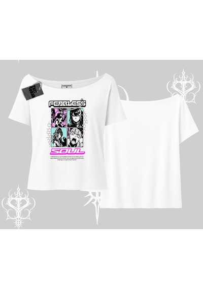 Startmore Startmore Kayık Yaka Tshirt Fearless Soul Anime Kolaj Baskılı Beyaz