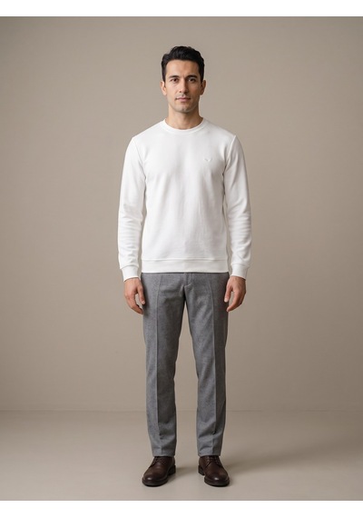 Maccali Erkek Beyaz Selanik Bisiklet Yaka Sweatshirt