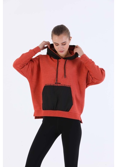 Maraton Sportswear Oversize Kadın Kapşonlu Uzun Kol Basic Kiremit Sweatshirt 20353-kiremit Kiremit