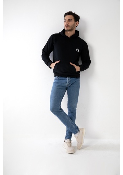 Erkek Siyah Renk Kapşonlu Baskılı Sweatshirt Siyah
