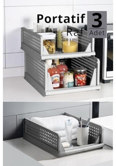 3 Lü Kayar Raf Organizer Gri Dolap Içi Kıyafet Aksesuar Düzenleyici 45x35 Cm Mıt1263 Genel