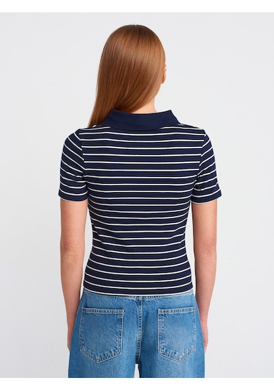 Dilvin 31464 Çizgili Polo Yaka T-shirt Lacivert