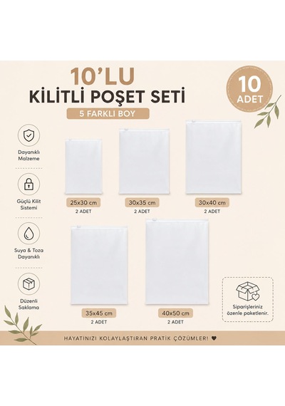Valiz Ve Dolap İçi Düzenleyici Buzlu Fermuarlı Poşet Torba 5 Farklı Ölçü Her Ölçüden 2'şer Adet -toplam 10 Parça Şeffaf