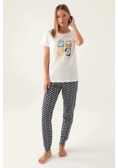 Kadın Kısa Kol Pijama Takımı Krem