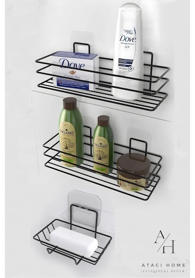 Atacı Siyah 3'lü Set Yapışkanlı Paslanmaz Banyo Rafı Sabunluk Şampuanlık Duşakabn Duş Askısı Seti Siyah
