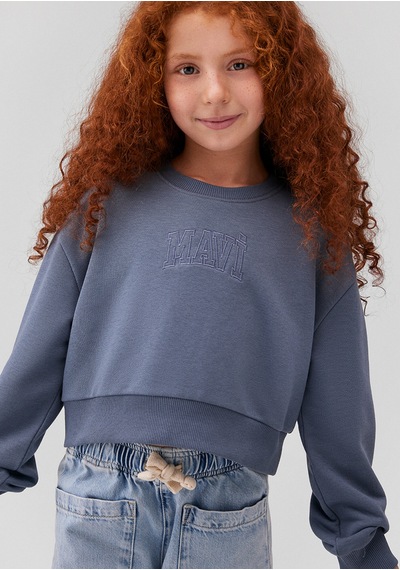 Mavi - Mavi Logo Baskılı Mavi Crop Sweatshirt 7s10078-70871 Mavi