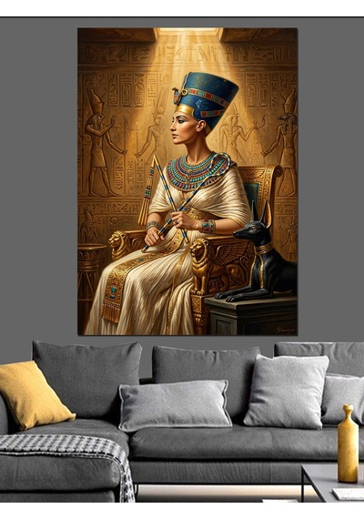 Tahtta Oturan Mısır Kraliçesi Nefertiti Dekoratif Kanvas - Mdf Ahşap Tablo