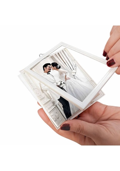 Kristal Led'li Hilal Fotoğraf Çerçevesi Dokunmatik Işıklı 2 Fotoğraflı Kişiye Özel Hediye Beyaz