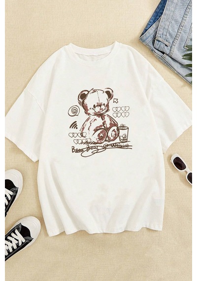 Unisex Bear Bear Baskılı Tasarım Tshirt Beyaz