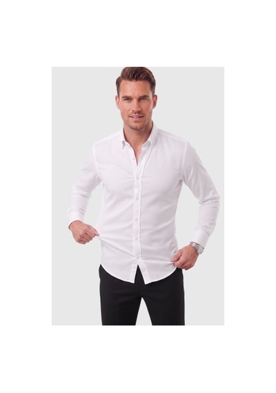 Deepsea Erkek %97 Pamuk Slim Fit Dar Kesim Petek Dokulu Likralı Örme Beyaz Gömlek 2600707