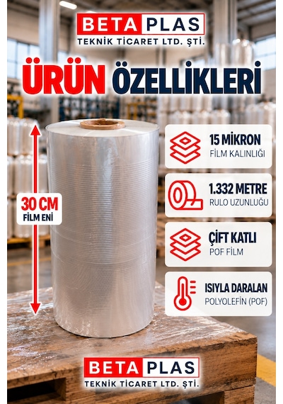 Betaplas POF(POLYOLEFİN) Shrink Film 30 cm x 15 Mikron- 1.332 Metre-Çift Katlı