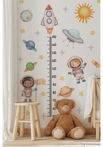Astronotlar, Uzay Ve Gezegenler Temalı Temalı Boy Ölçer Boy Cetveli Sticker Seti Çocuk Dijital Baskı
