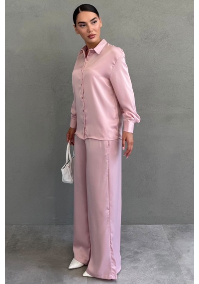 Madmext Pembe Saten Gömlek Pantolon Takım Mg2745