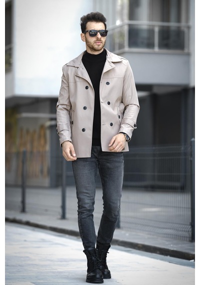 Oksit Lusaka Su İtici Slim Fit Kemer Detaylı Trençkot Taş Rengi