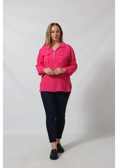 Moda Berray 3055 Yaka Fermuarlı Yandan Yırtmaçlı Gömlek Pembe