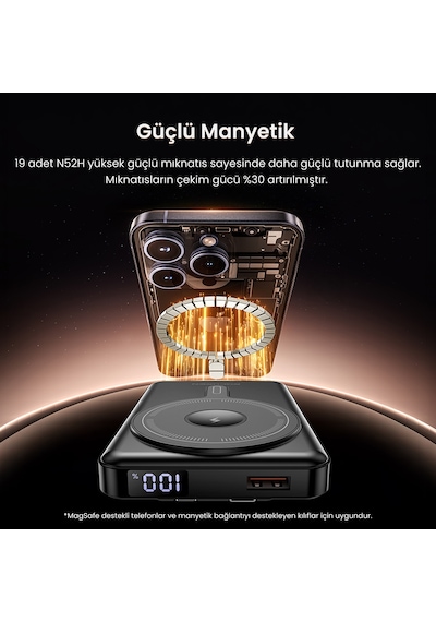 Rocoren 10000mah Magsafe 15w Kablosuz Powerbank Lightning Ve Type-c 22.5w Kablolu Standlı Taşınabilir Hızlı Şarj Cihazı siyah