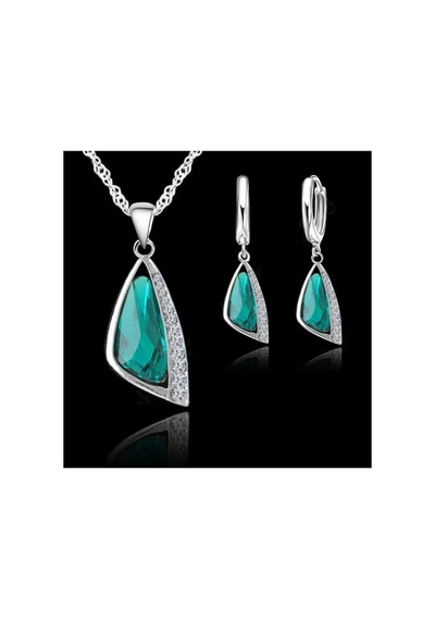 Tria - 925 Ayar Gümüş Kristal Taşlı Modern Üçgen Şeklinde Tasarım Kolye Küpe Seti Yeşil