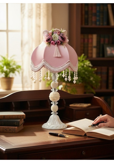 Pudra Pembe Kadife Kaplı Çiçek Dekorlu Başlık İnci Ayaklı Klasik Vintage Abajur