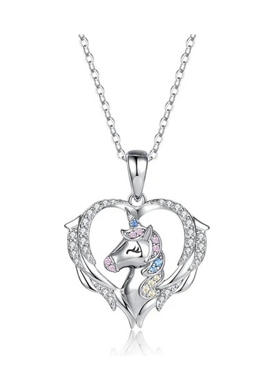 Monemel Kristal Taşlı Kalp Unicorn Kolye Altın Kaplama N02335 Gümüş - Rodyum