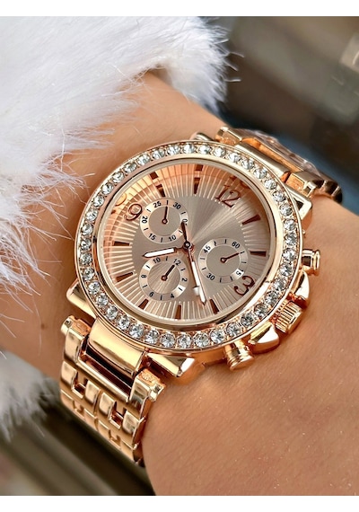 Özel Seri Taşlı Metal Kordon Lüks Tasarım Kadın Kol Saati-bileklik Hediyeli Rose Gold