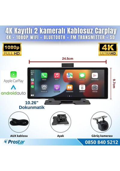 Dokunmatik 10.26 İnç 4k+1080p Çift Kameralı Kablosuz Carplay Wifi Bluetooth Set
