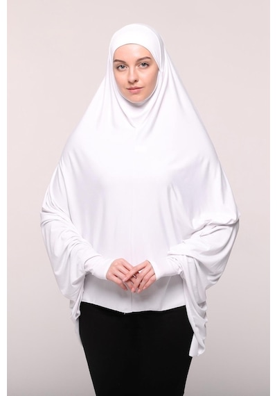 Altobeh Kollu Sufle Çarşaf Üstü Peçeli Pratik Tesettür Hijab - Nikaplı Namaz Örtüsü Beyaz
