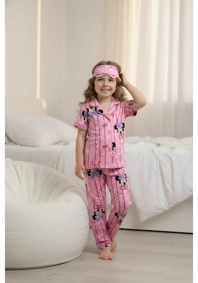 Lillypicca Pembe Desenli Pamuklu Önden Düğmeli Göz Bantlı Kısa Kol Pijama Takımı 8023