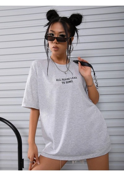 To Rome T-shirt - Gri Baskılı Oversize Bisiklet Yaka Kısa Kol Tişört Gri