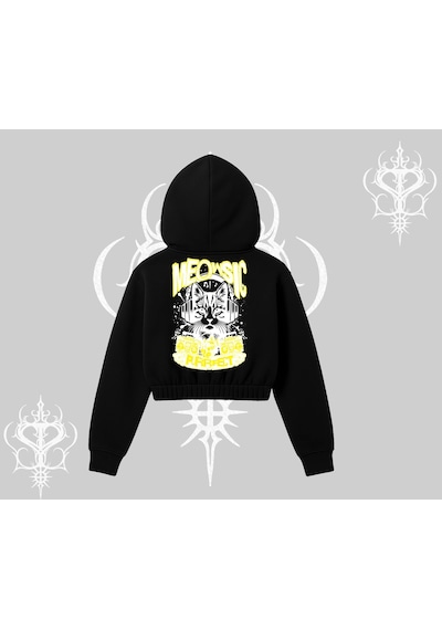Startmore Meowsic Purrfect Kedi Arka Baskılı Kapşonlu Crop Sweatshirt Siyah